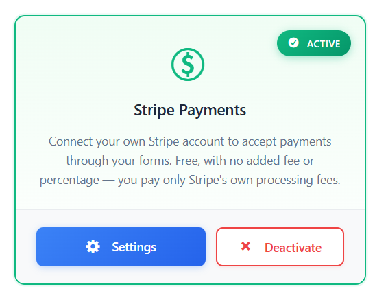 Stripe Payments add-on active on the Add-Ons screen