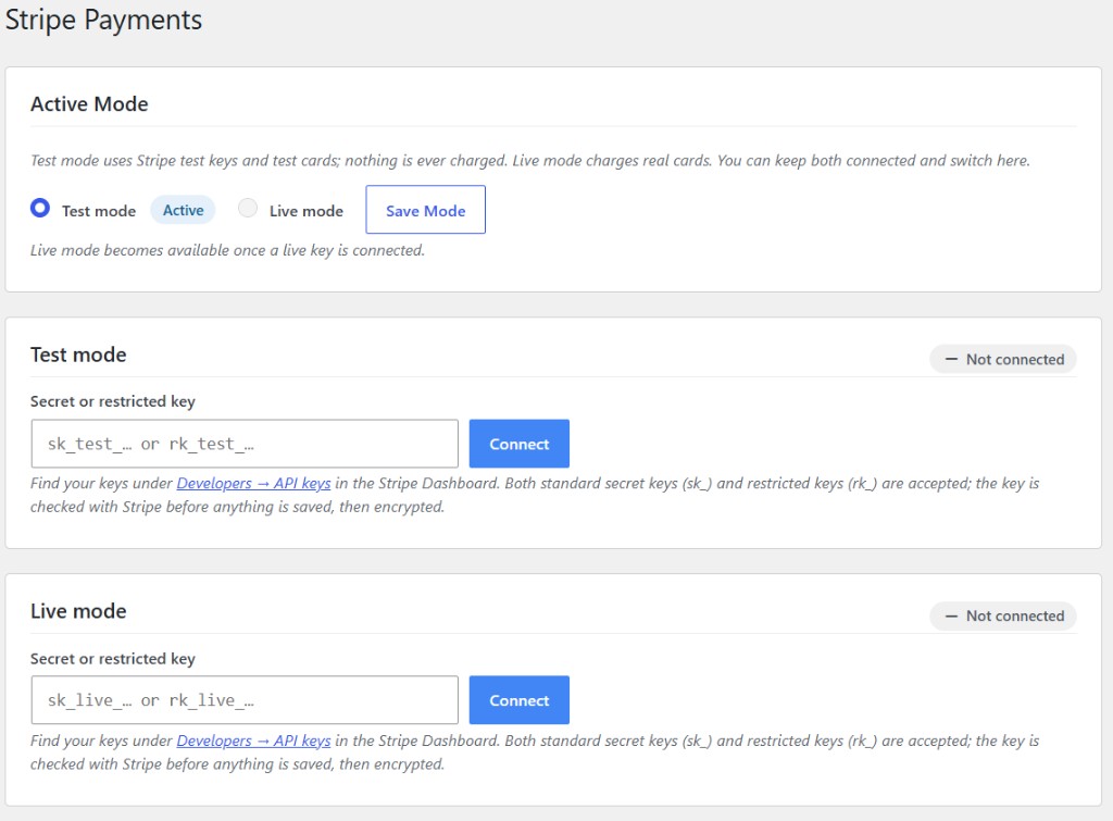 Stripe Payments settings with test and live mode key connection