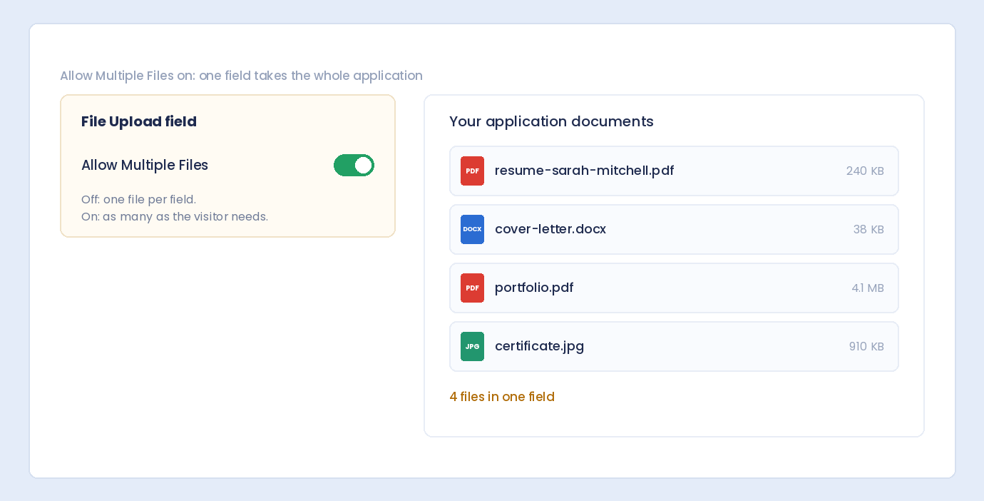 A WordPress File Upload field with Allow Multiple Files turned on, holding four application documents in one field