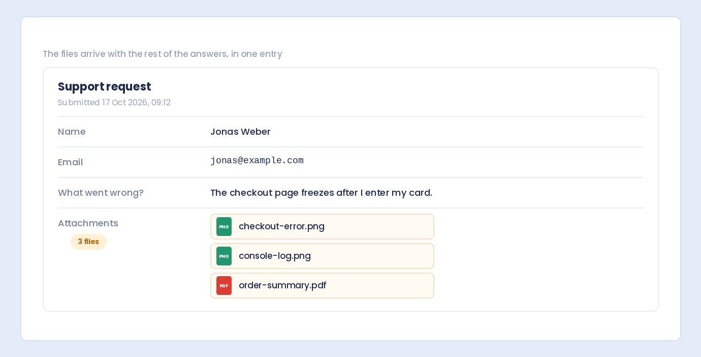 A submission in the WordPress dashboard showing three attached files alongside the other answers