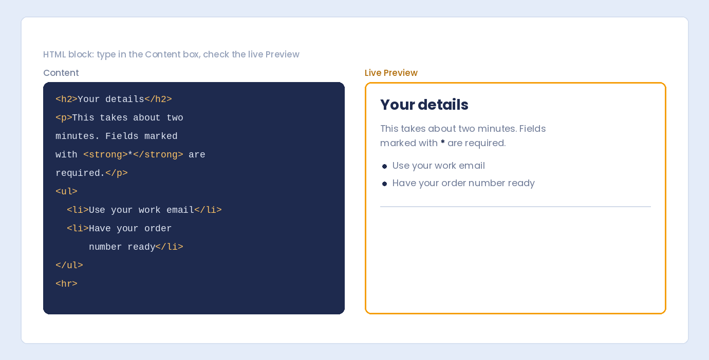 The HTML block’s Content box with HTML code beside a live Preview of the heading, paragraph, list and divider it produces
