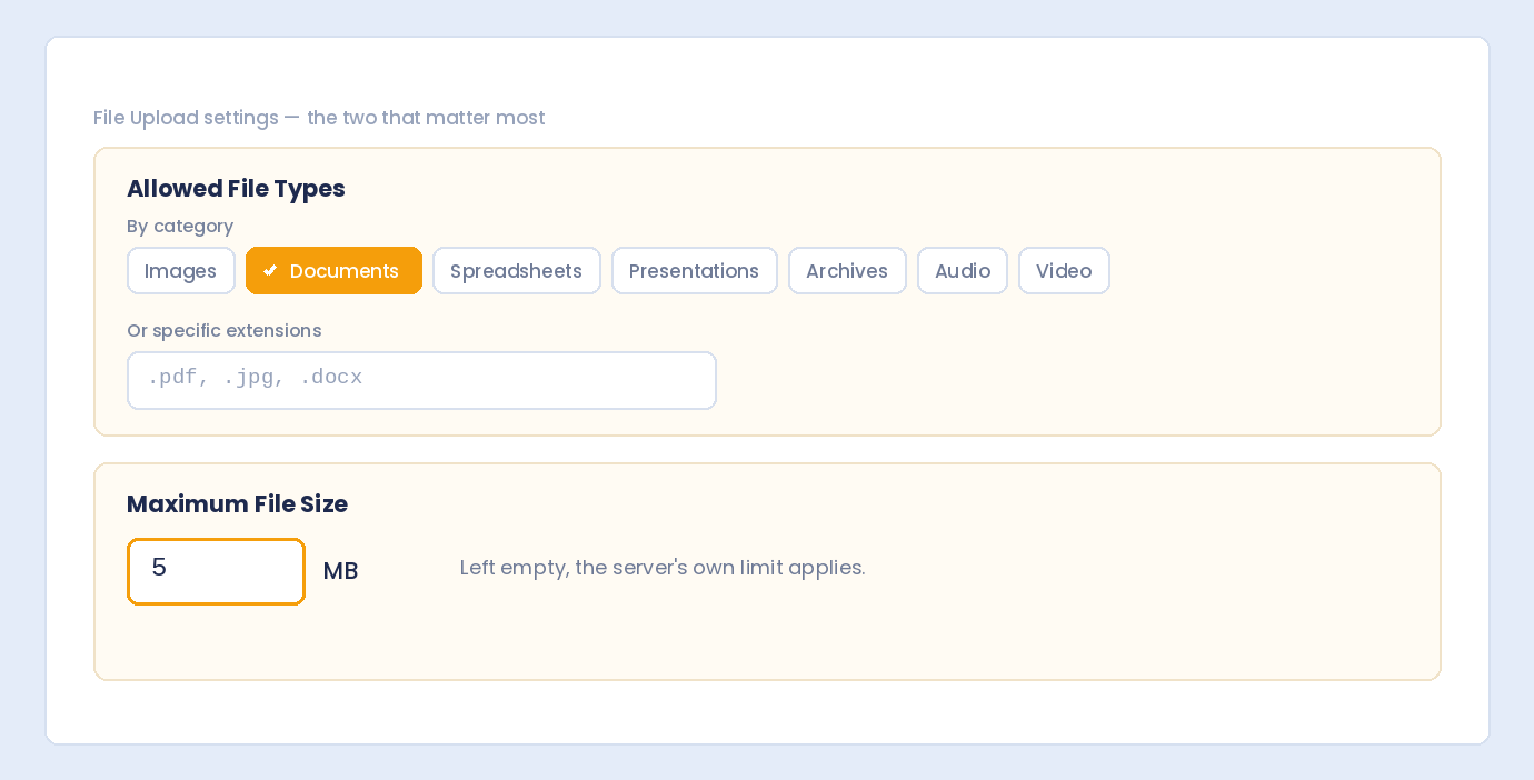 File upload settings in WordPress with Allowed File Types set to Documents and Maximum File Size set to 5 MB