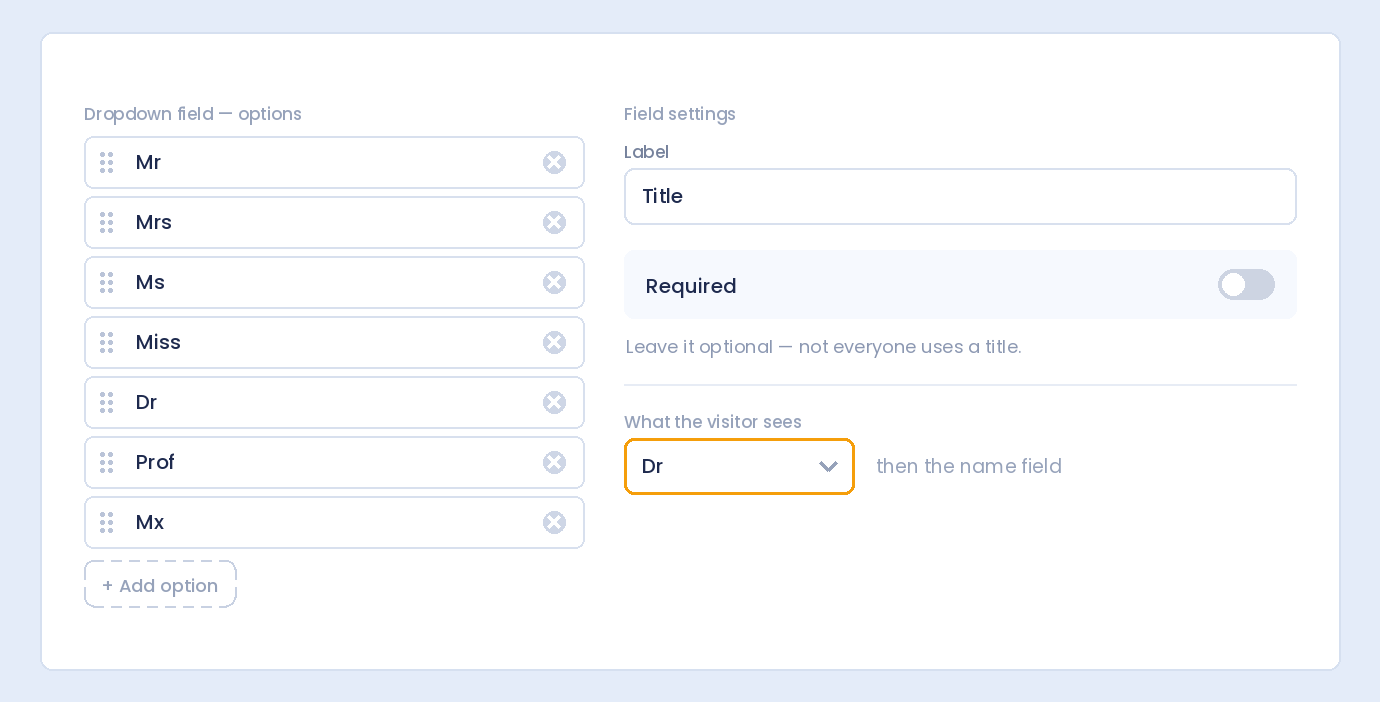 The Title dropdown’s option list in the form builder, with Mr, Mrs, Ms, Miss, Dr, Prof and Mx, and Required switched off