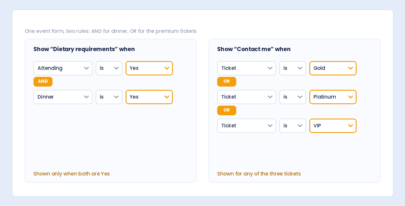 An event form using AND for dietary requirements and OR for premium ticket types
