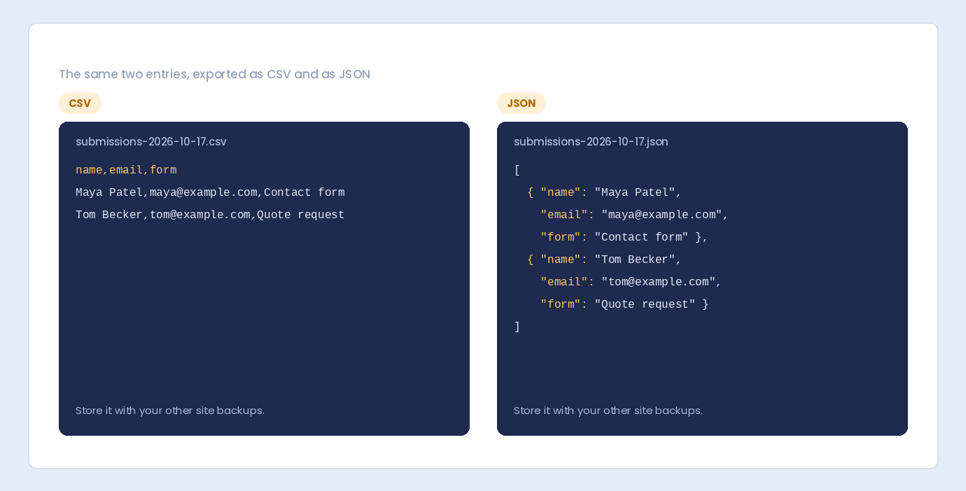 The same two form submissions exported as a CSV file and as a JSON file