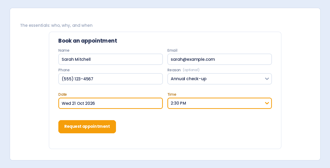 An appointment form with name, email, phone, an optional reason, a date and a time