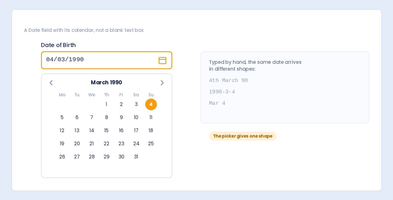 A Date of Birth field on a WordPress form with its calendar date picker open