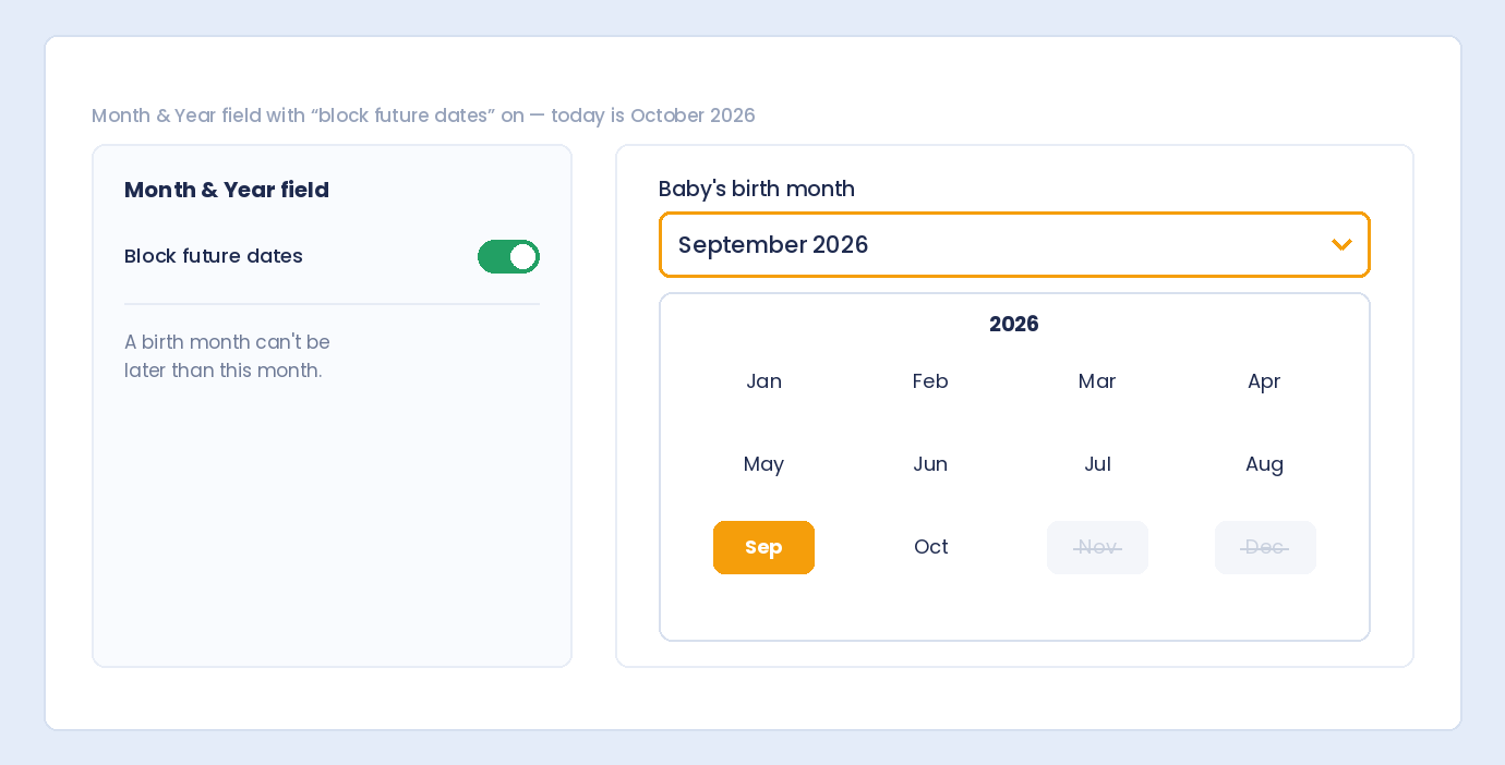 A Month and Year field with block future dates turned on, so months after the current month cannot be picked
