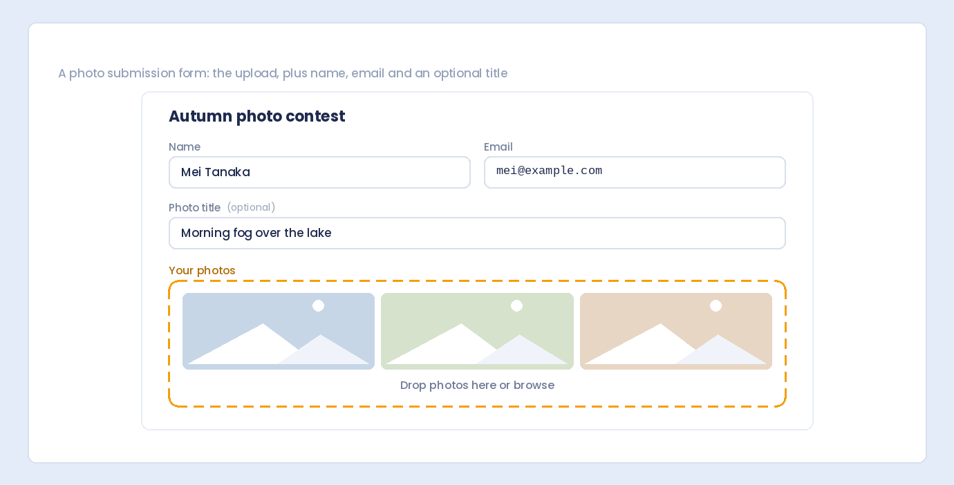 A photo contest form with name, email, photo title and a multi-photo upload area