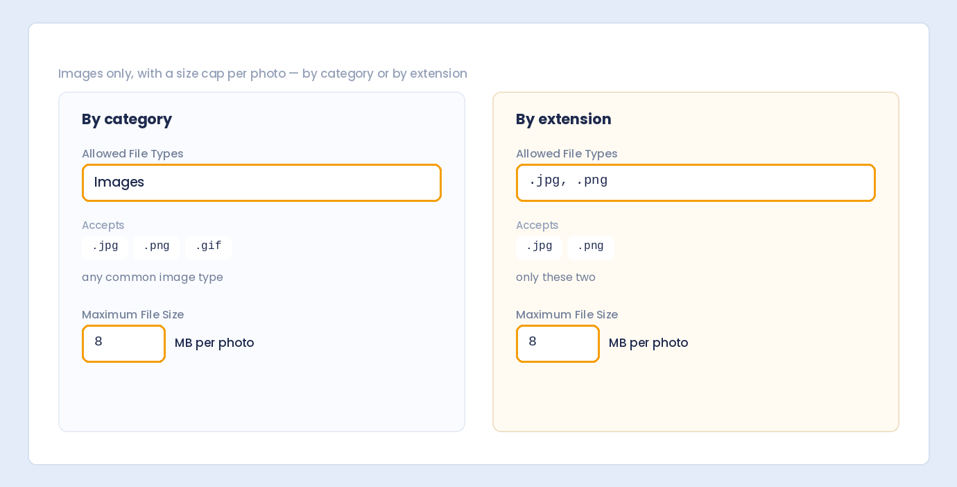 Allowed file types set to Images or to .jpg and .png only, with an 8 MB limit per photo