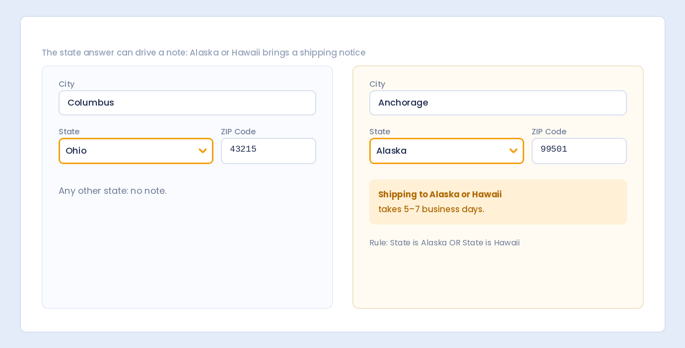 Choosing Alaska in the state dropdown shows a shipping note that other states do not see
