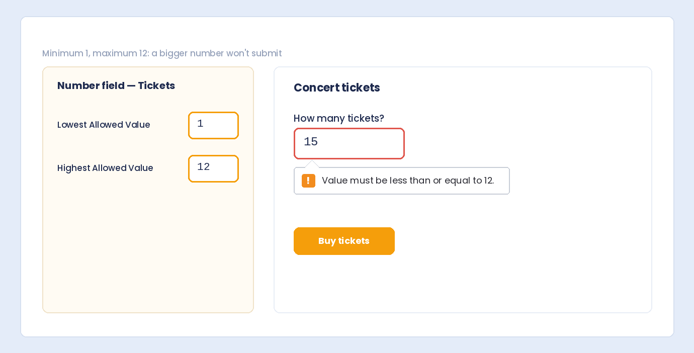 A ticket quantity field limited from 1 to 12, with the browser blocking a value of 15