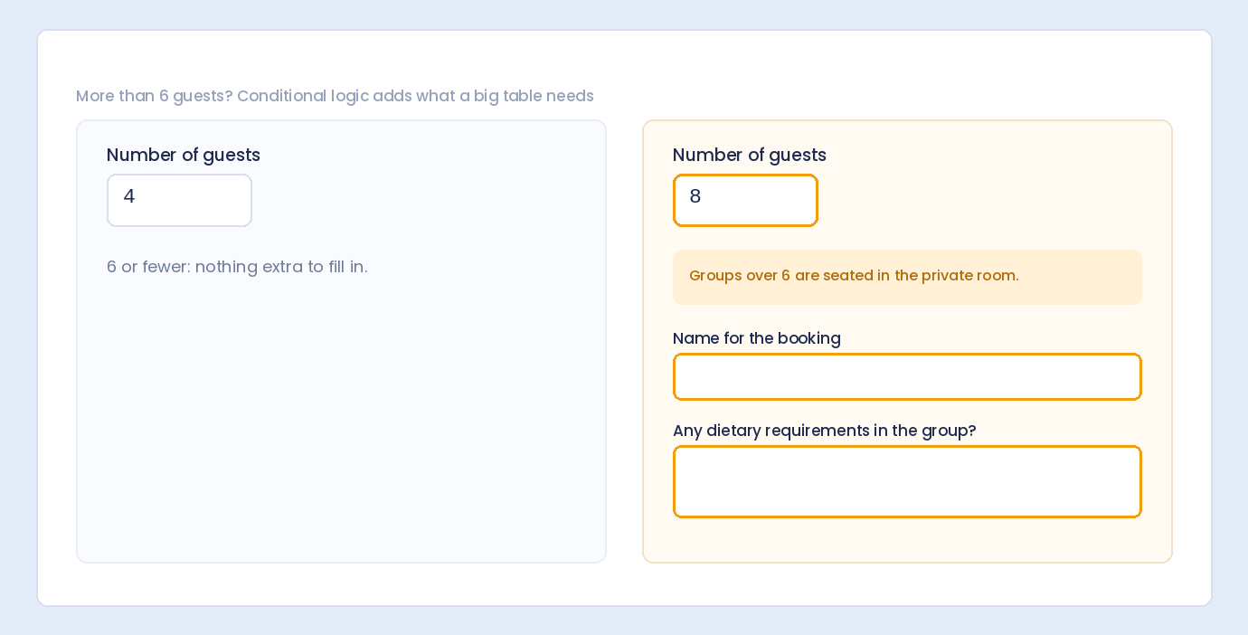 A party of more than six guests reveals a note and extra fields through conditional logic