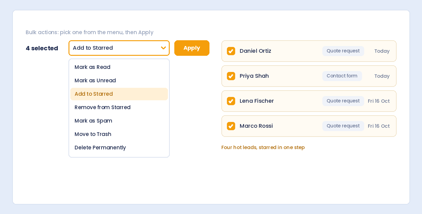 The Bulk actions menu in the WordPress submissions dashboard with Add to Starred chosen for four selected entries