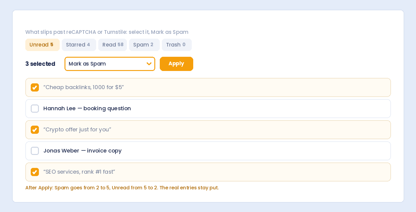 Spam submissions selected in the Unread tab with Mark as Spam chosen in the bulk actions menu