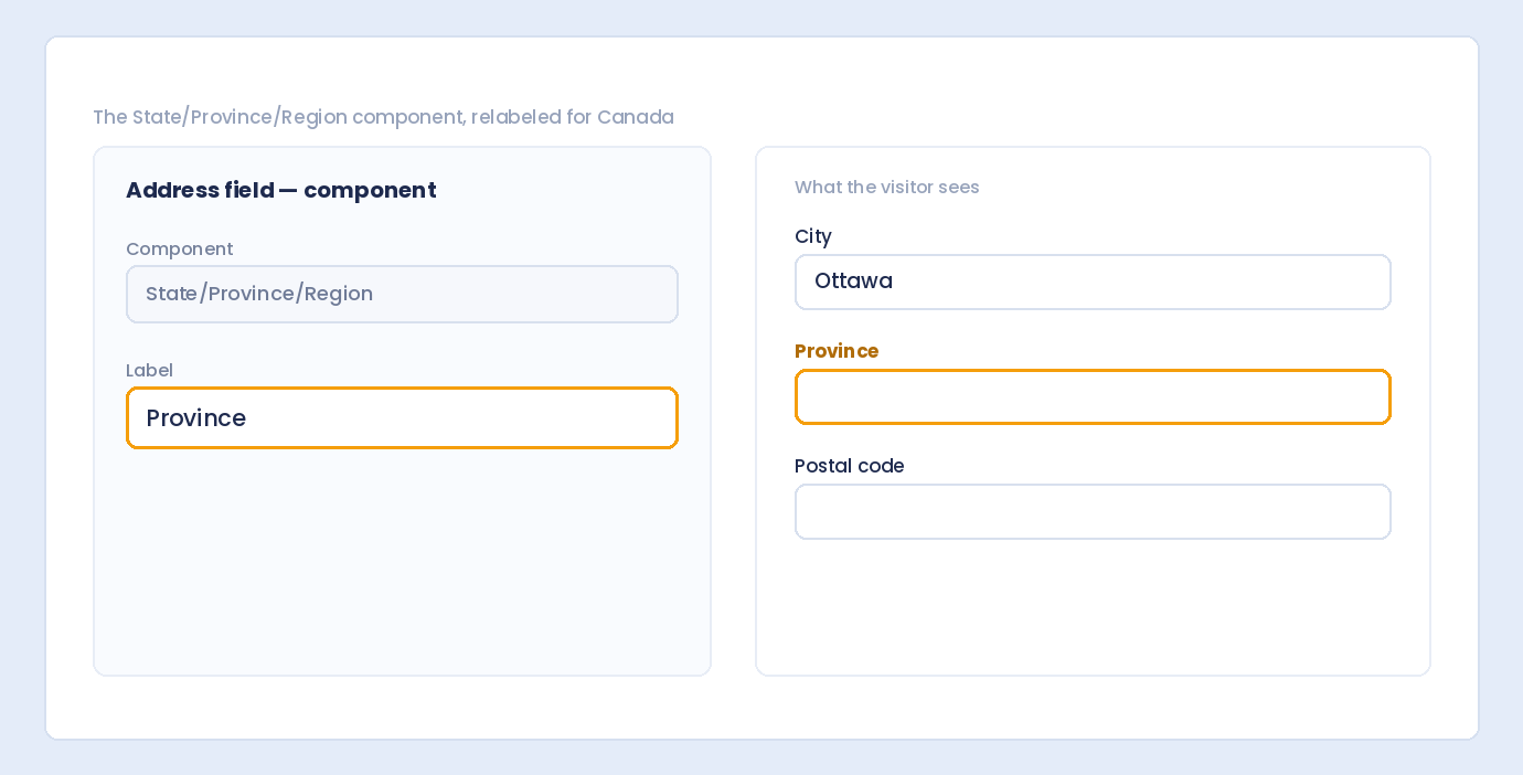 The State/Province/Region component of a WordPress address field relabeled as Province