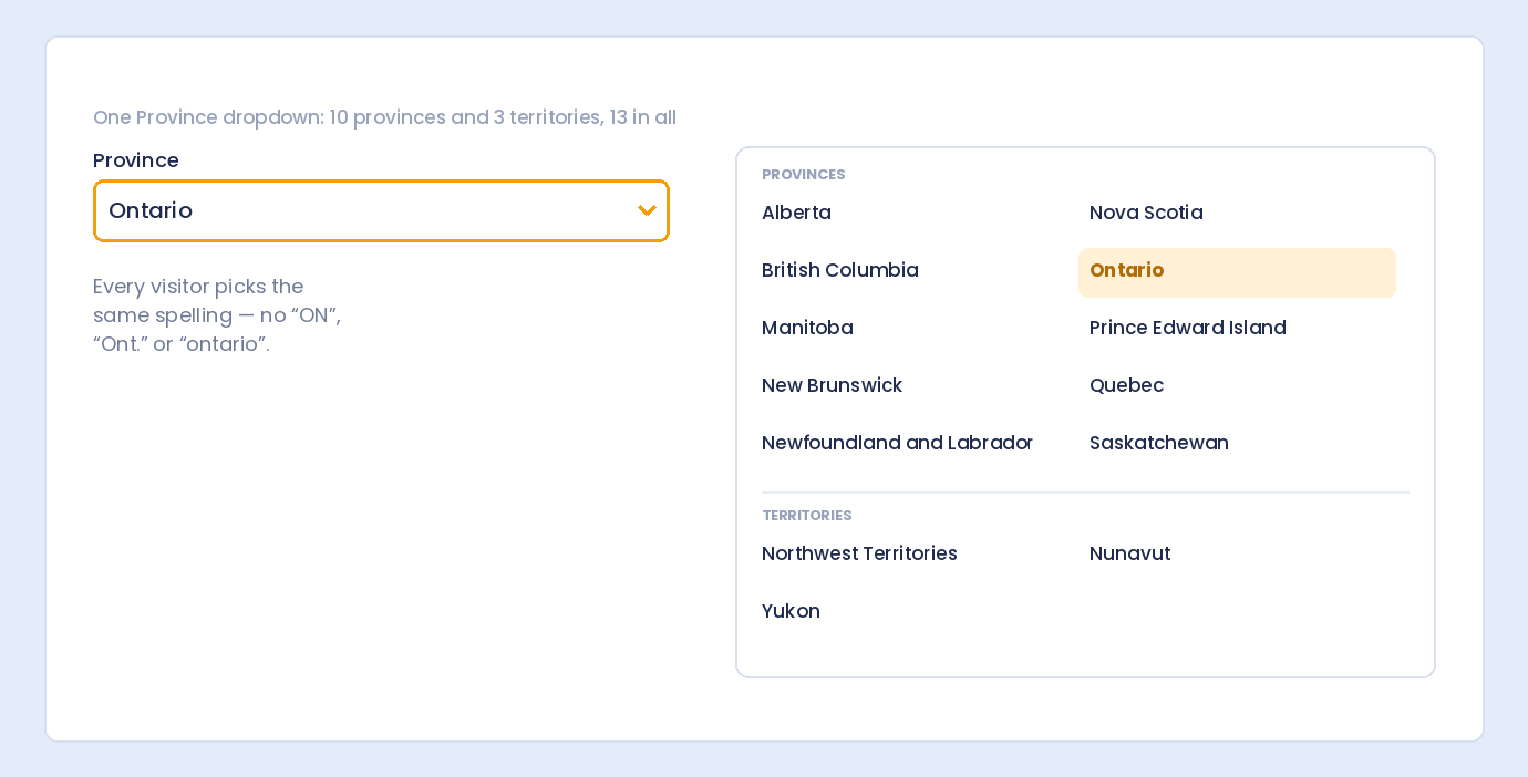 A Province dropdown listing Canada’s 10 provinces and 3 territories with Ontario selected