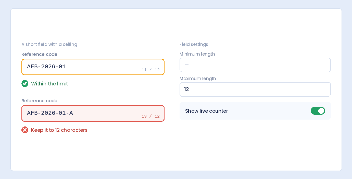 A reference code field with a maximum length of 12, showing a live counter and an error when the entry runs too long