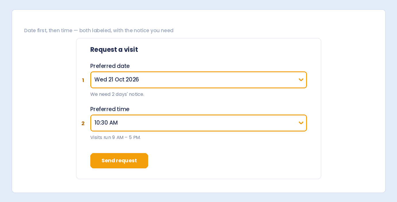 A scheduling form with the Preferred date field before the Preferred time field, each with short help text