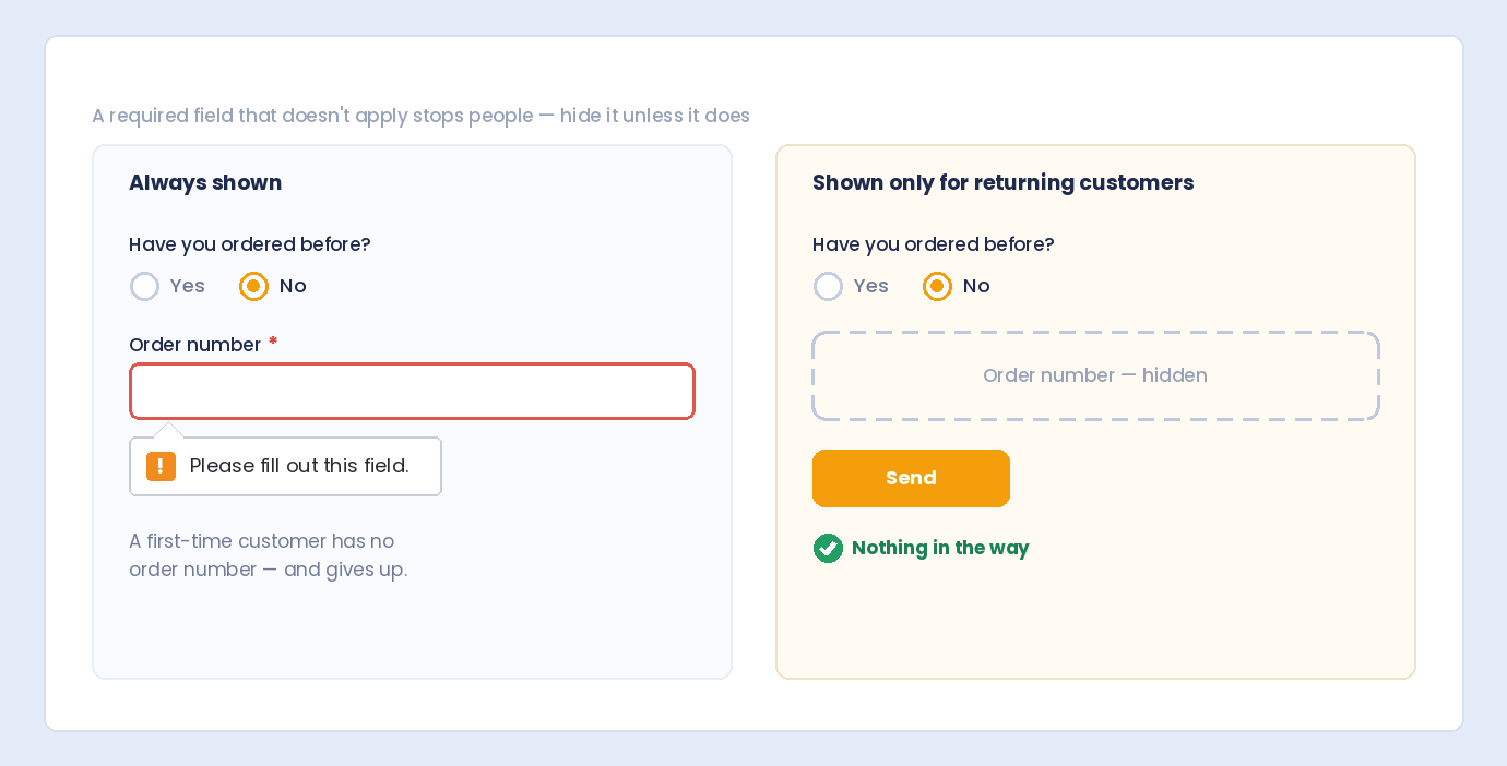 A required order number field blocking a first-time customer, compared with the same field hidden until it applies