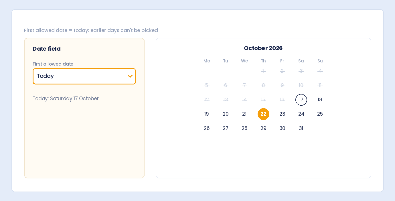 A booking calendar for October 2026 with the first allowed date set to today, so earlier days cannot be picked