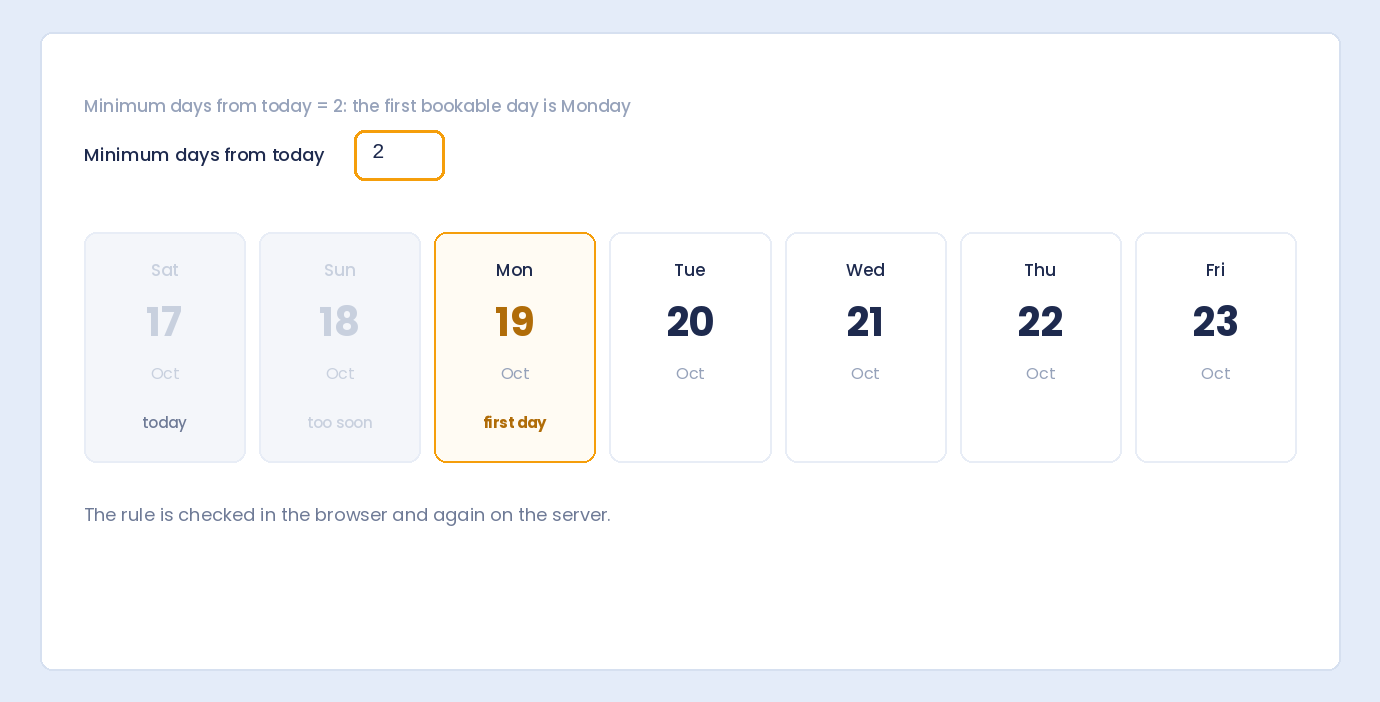Minimum days from today set to 2, so the first bookable day is two days after today