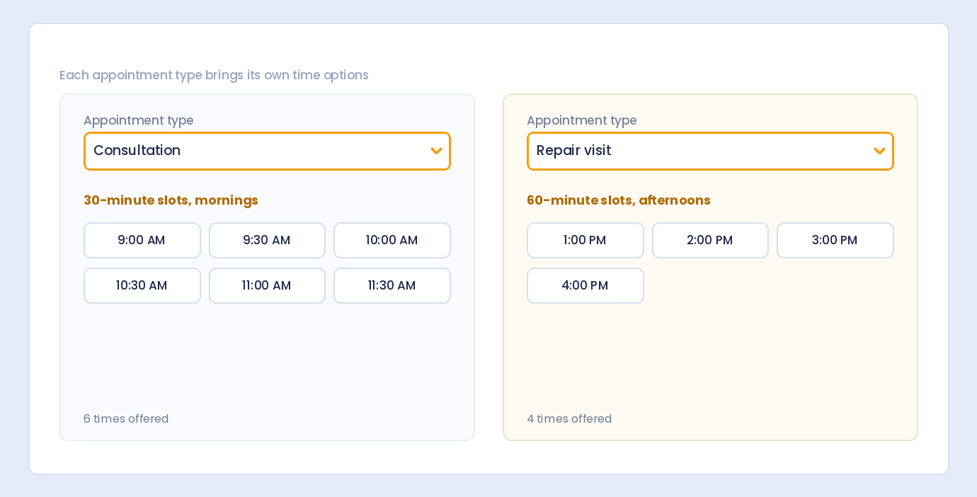 Conditional logic showing 30-minute morning slots for a consultation and 60-minute afternoon slots for a repair visit