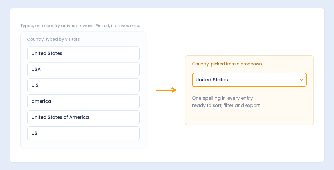 Six different typed spellings of the United States collapsing into one clean dropdown value