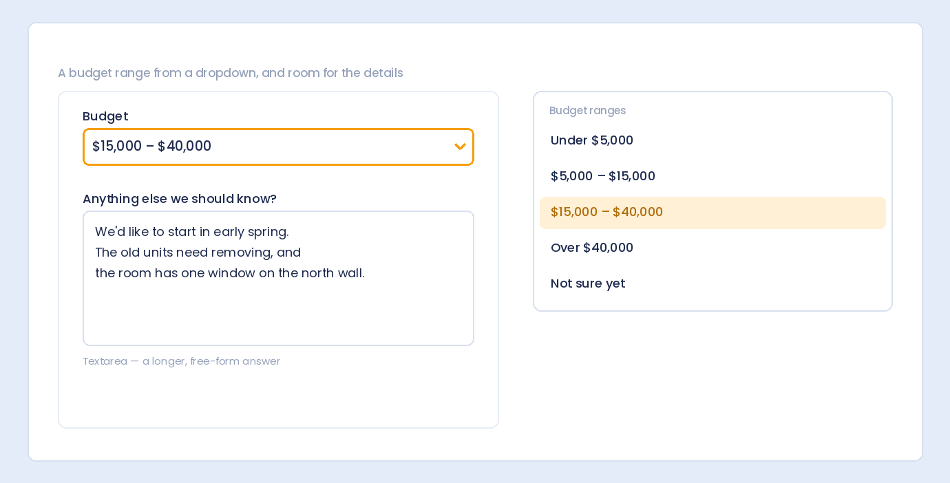 A quote form with a budget range dropdown and a textarea for extra details