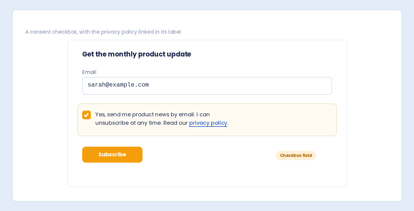 An email signup form with a consent checkbox whose label links to the privacy policy