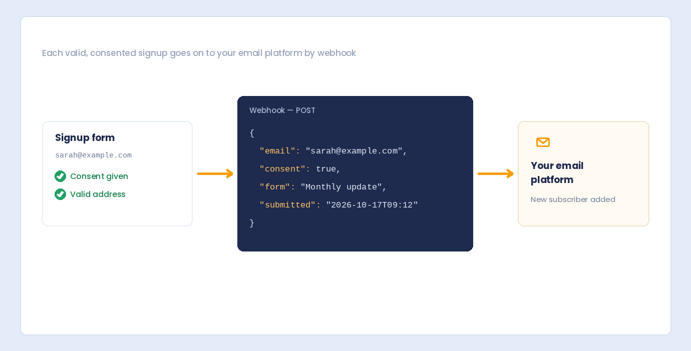 A valid, consented signup sent by webhook from the form to an email platform