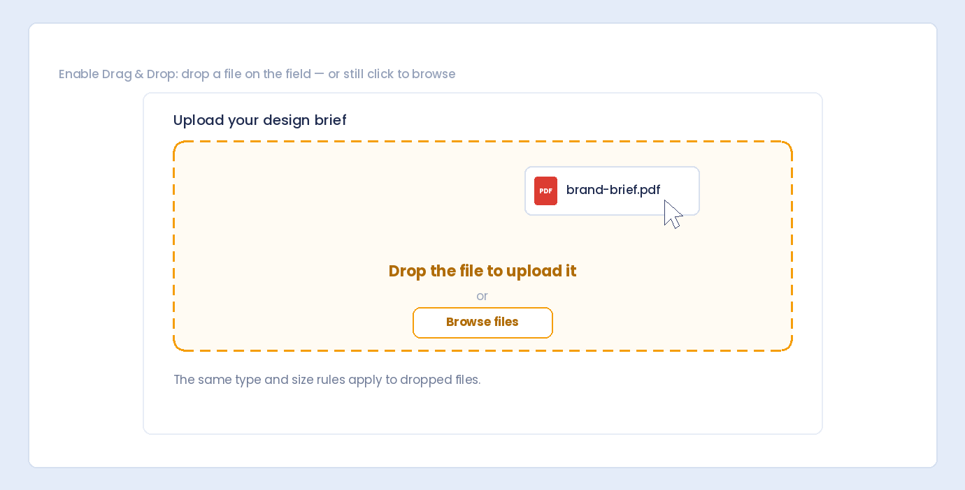 A file being dragged onto a WordPress file upload field, with a Browse files button still available