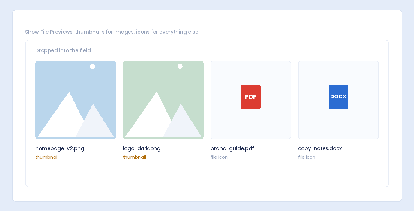 Dropped files shown as thumbnails for images and as file icons for a PDF and a Word document
