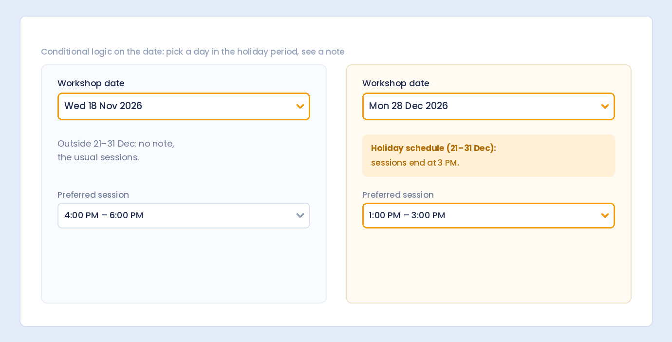 Picking a date in the holiday period shows a note about the holiday schedule