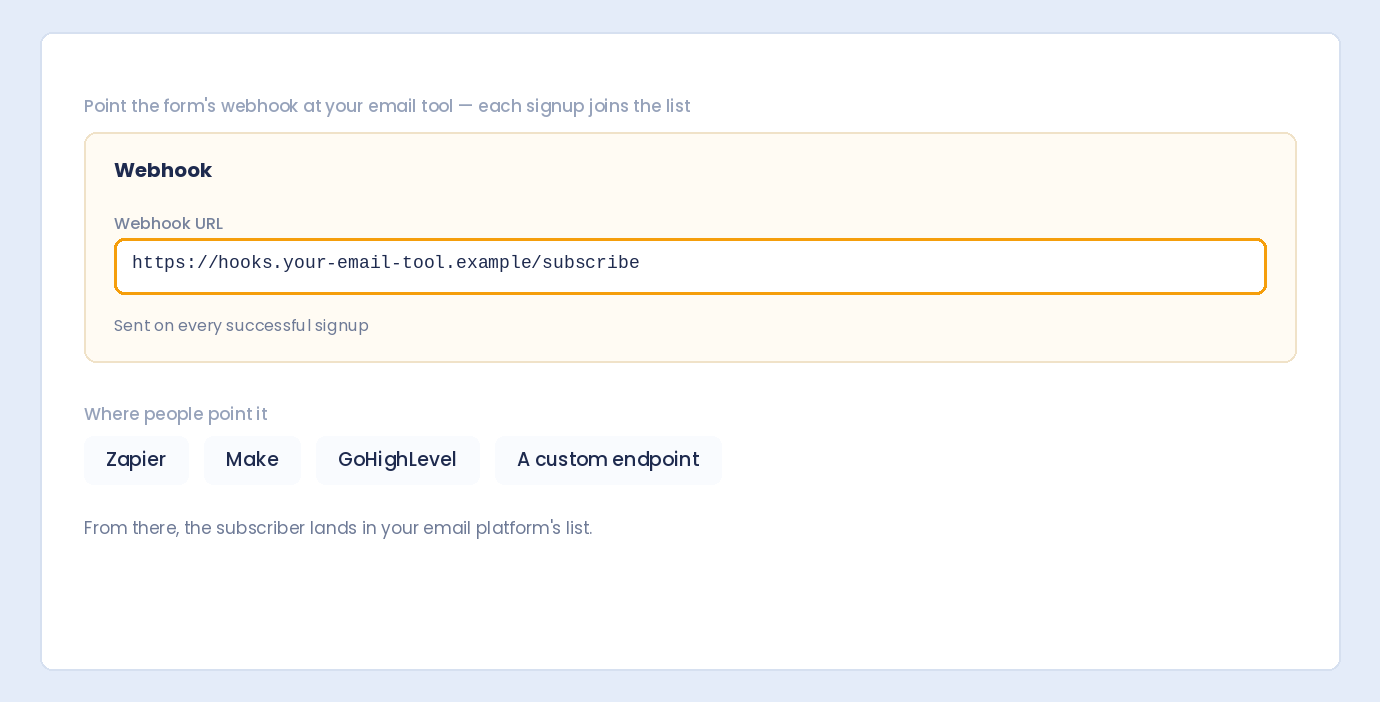 A form webhook URL pointed at an email tool, with Zapier, Make, GoHighLevel or a custom endpoint as destinations