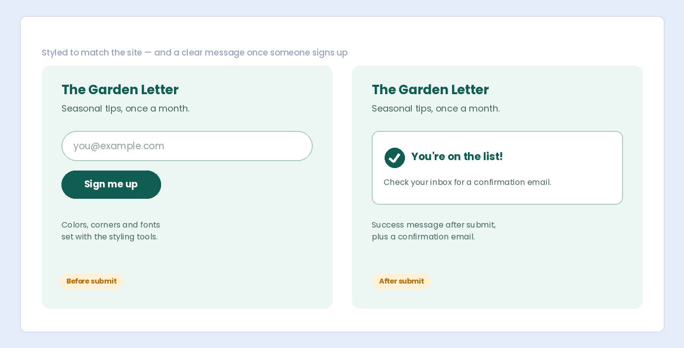 A newsletter form styled to match the site, and the success message shown after someone signs up