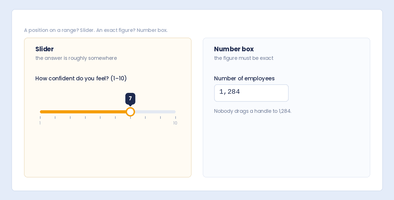 A slider for an approximate answer from 1 to 10 compared with a number box for an exact figure