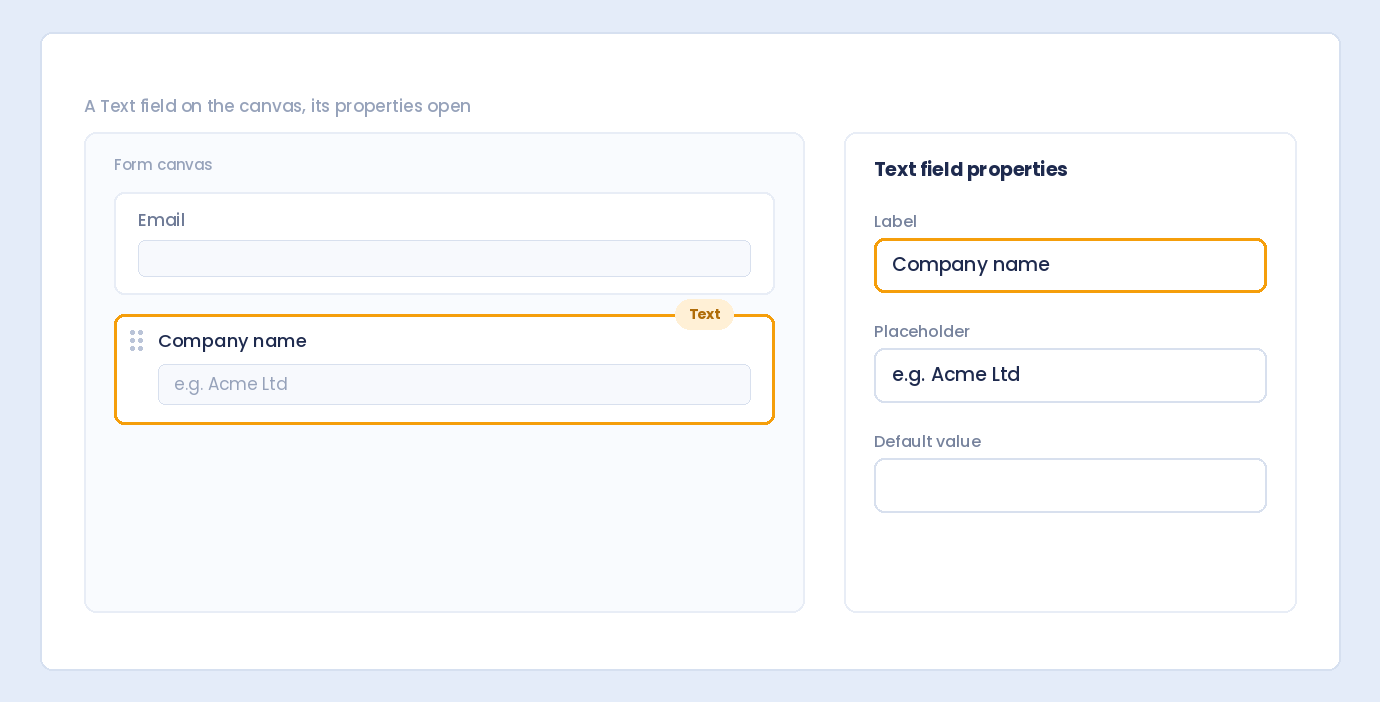 A Text field on the WordPress form builder canvas with its properties open and the label set to Company name