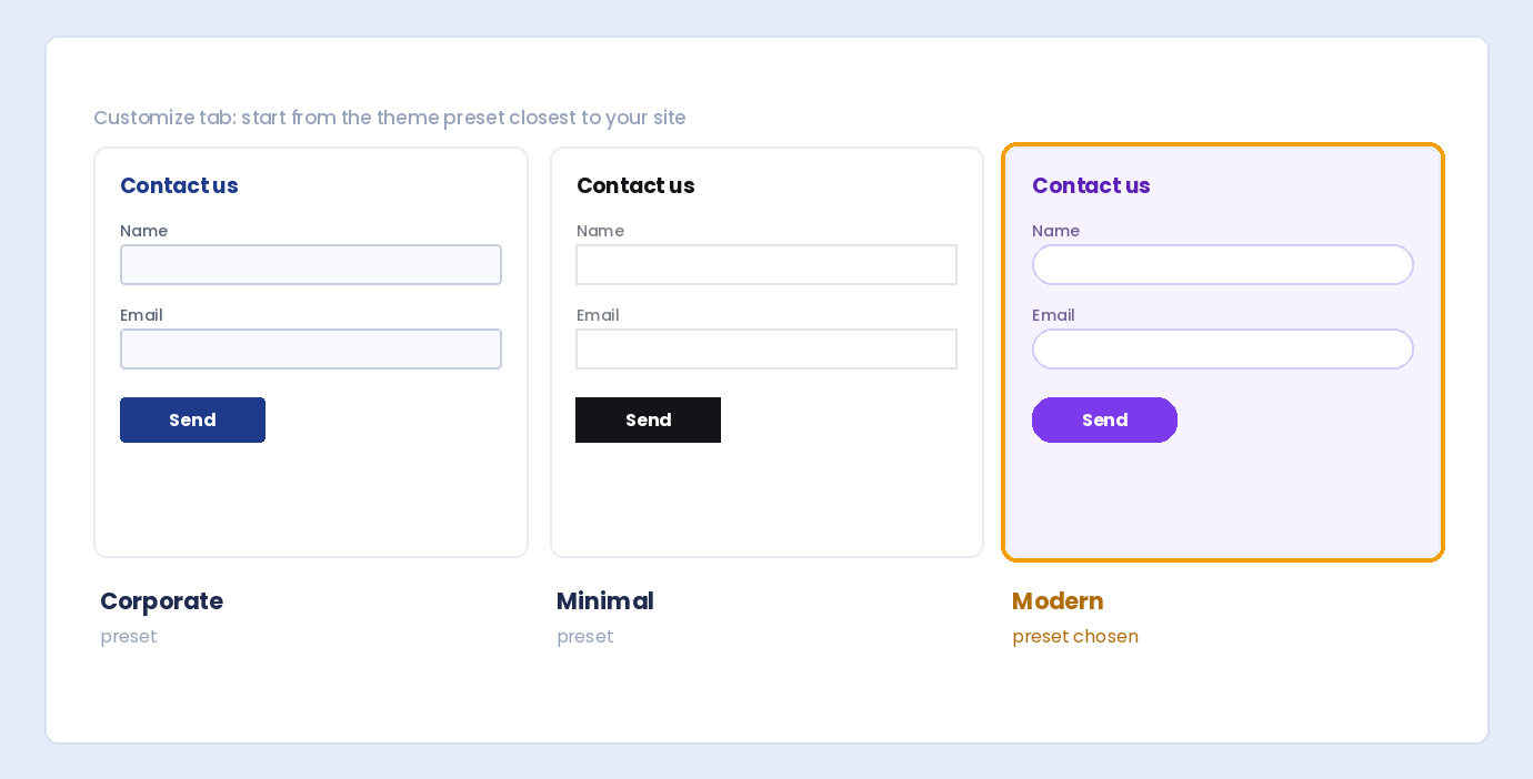 The same WordPress form styled with the Corporate, Minimal and Modern theme presets