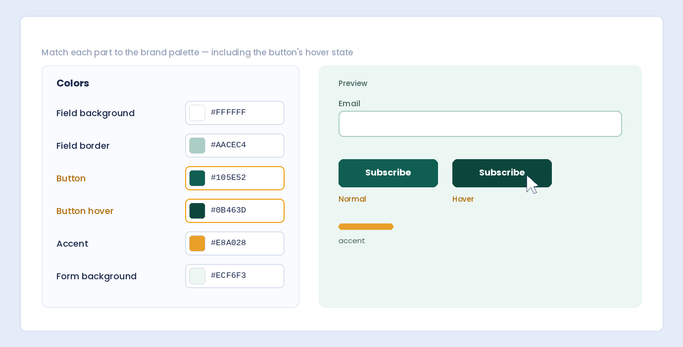 Brand color settings for fields, buttons, the button hover state, accents and background, with a live preview