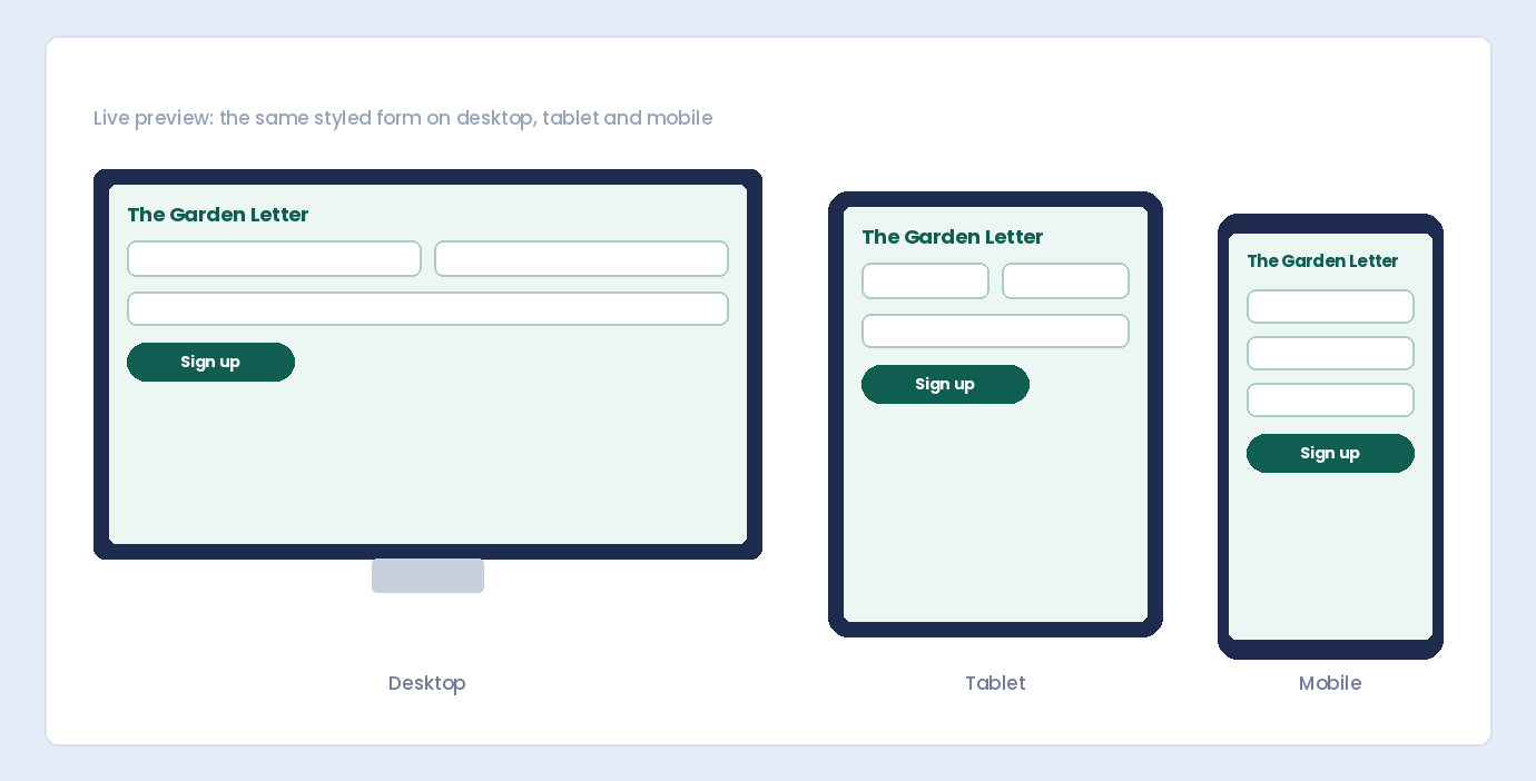 The same styled form in the live preview on desktop, tablet and mobile
