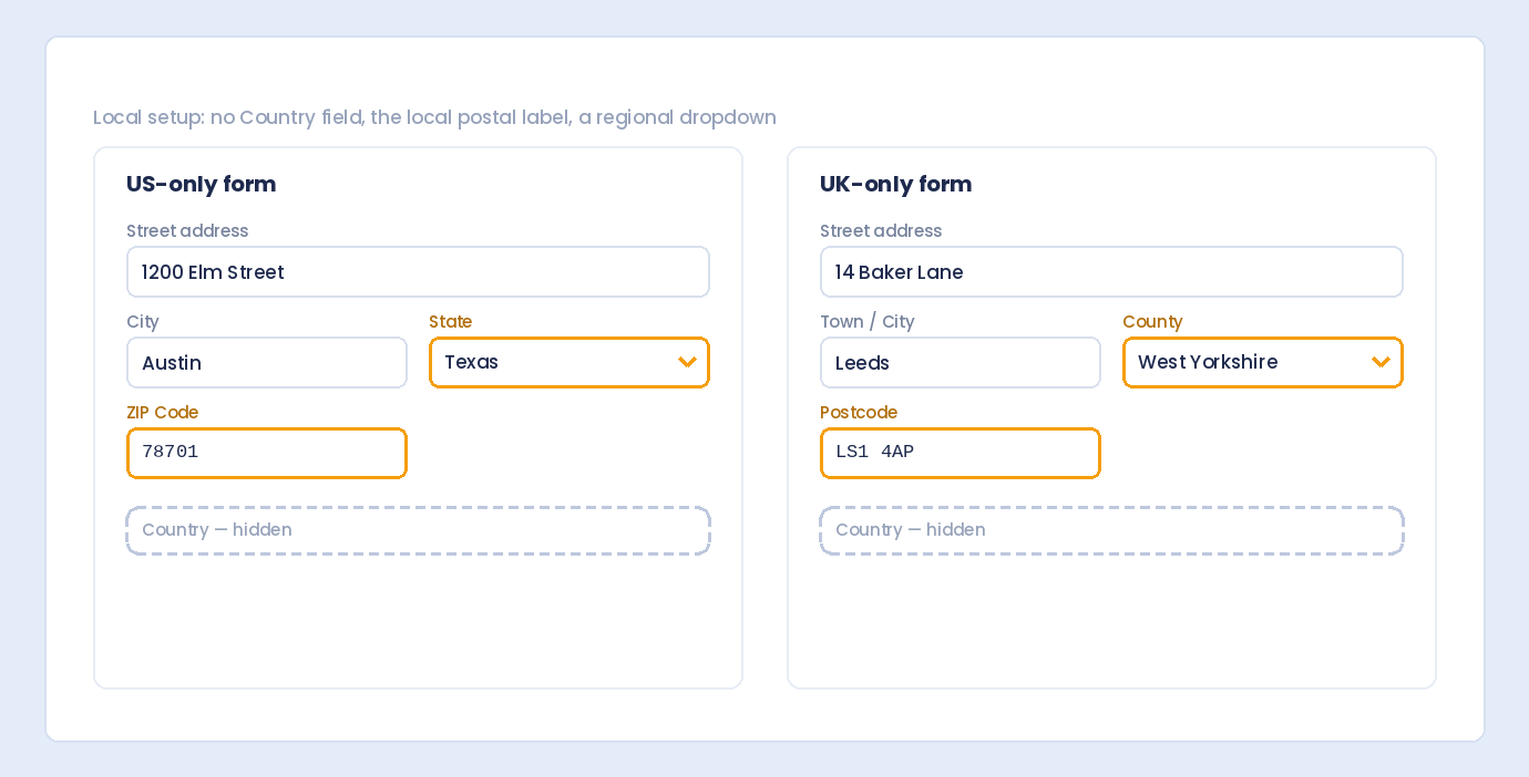 A US-only address form with a State dropdown and ZIP Code beside a UK-only form with a County dropdown and Postcode, both with Country hidden
