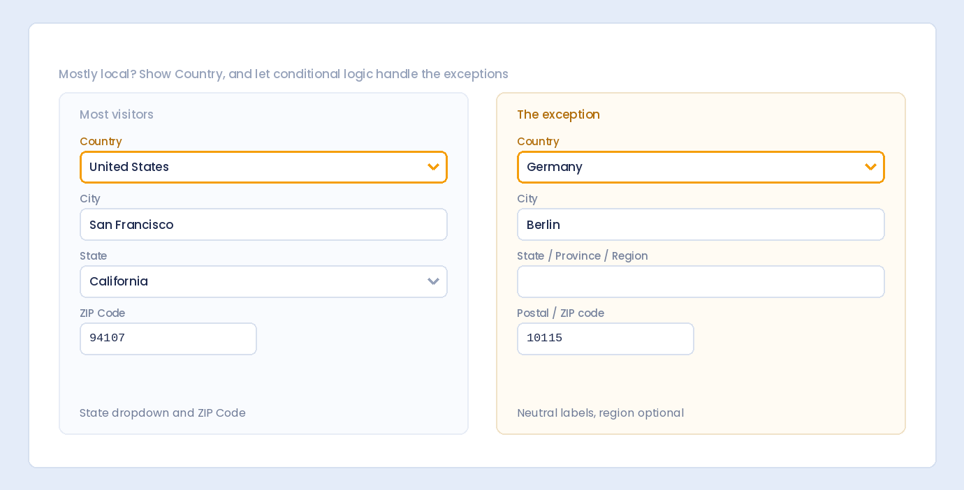 A mostly local address form that shows Country, using a State dropdown for the United States and neutral labels for Germany