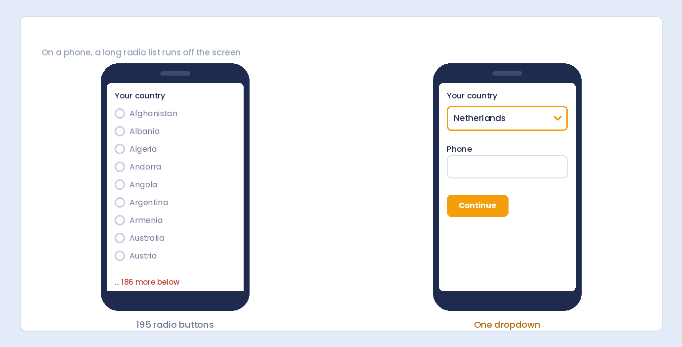 Two phone screens comparing a long list of country radio buttons running off the screen with a single country dropdown