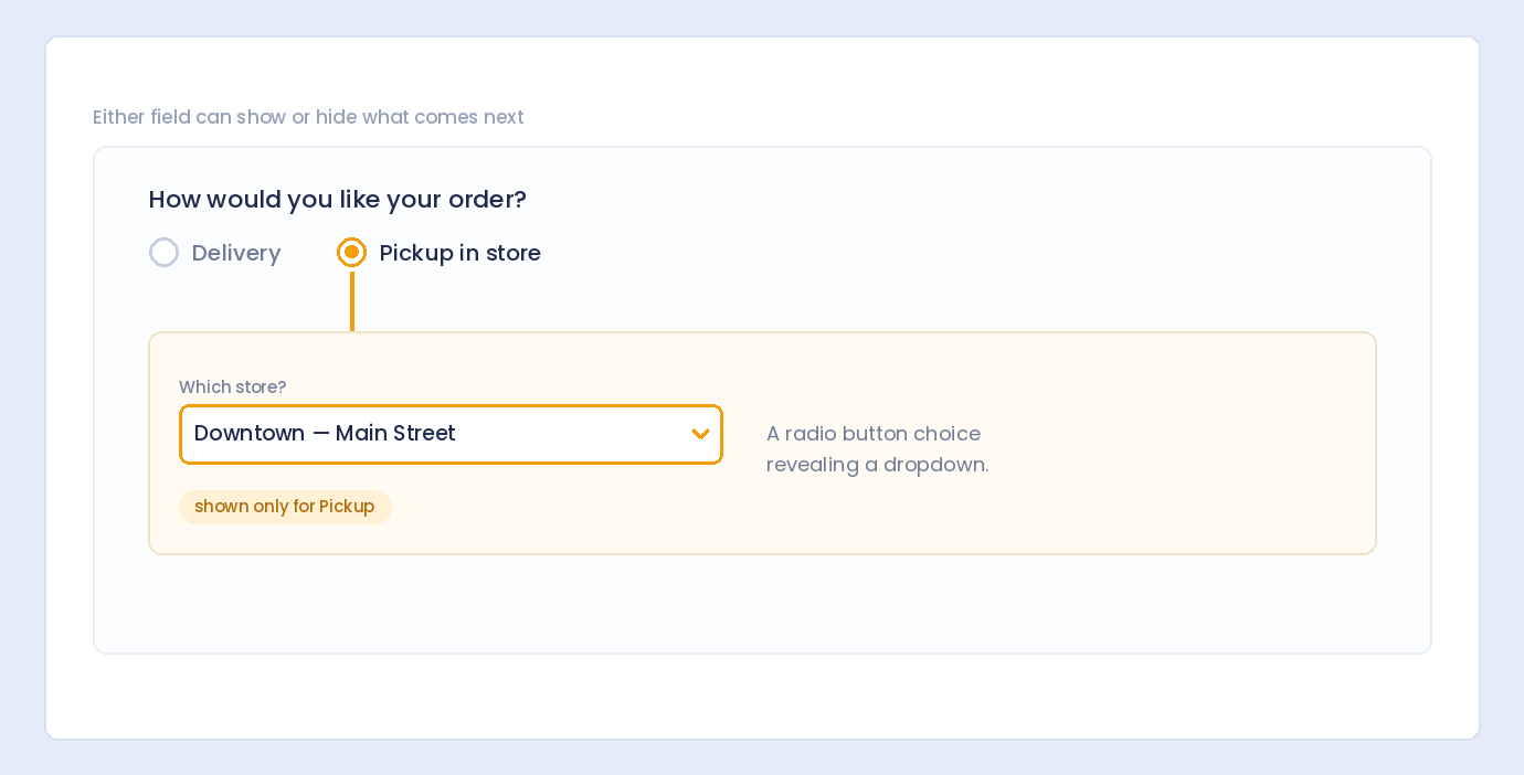Choosing Pickup in store with a radio button reveals a dropdown asking which store