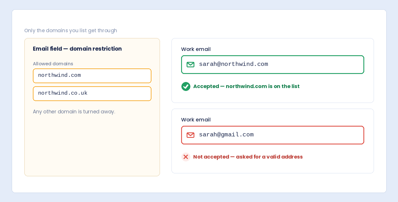 An Email field restricted to allowed domains, accepting a northwind.com address and refusing a gmail.com address