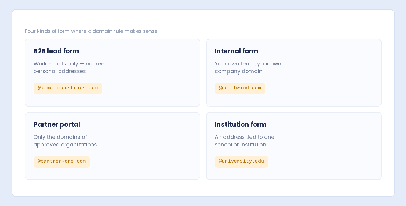 Four kinds of forms where email domain restriction fits: B2B lead forms, internal forms, partner portals and institution forms