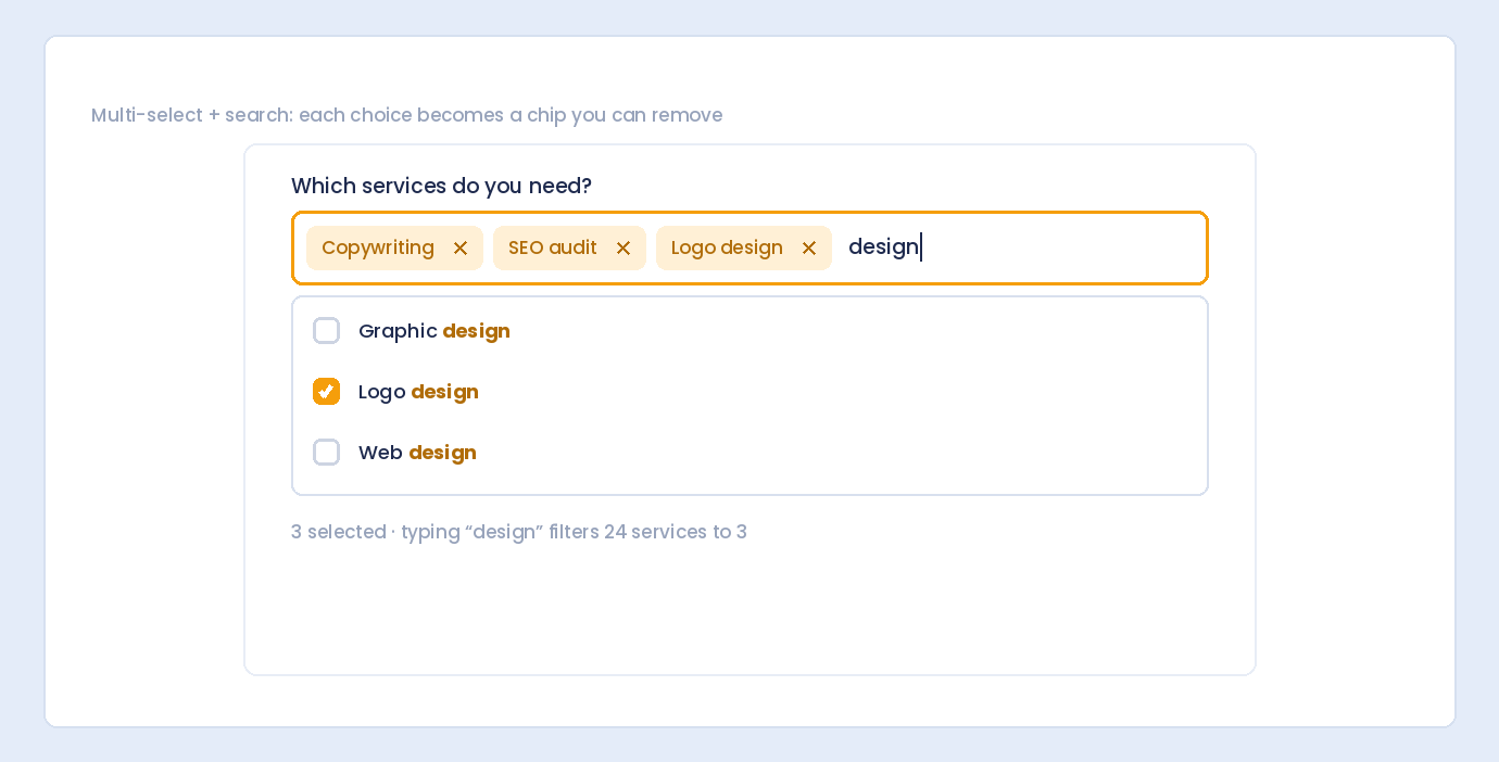 A searchable multi-select dropdown with chosen services shown as removable chips