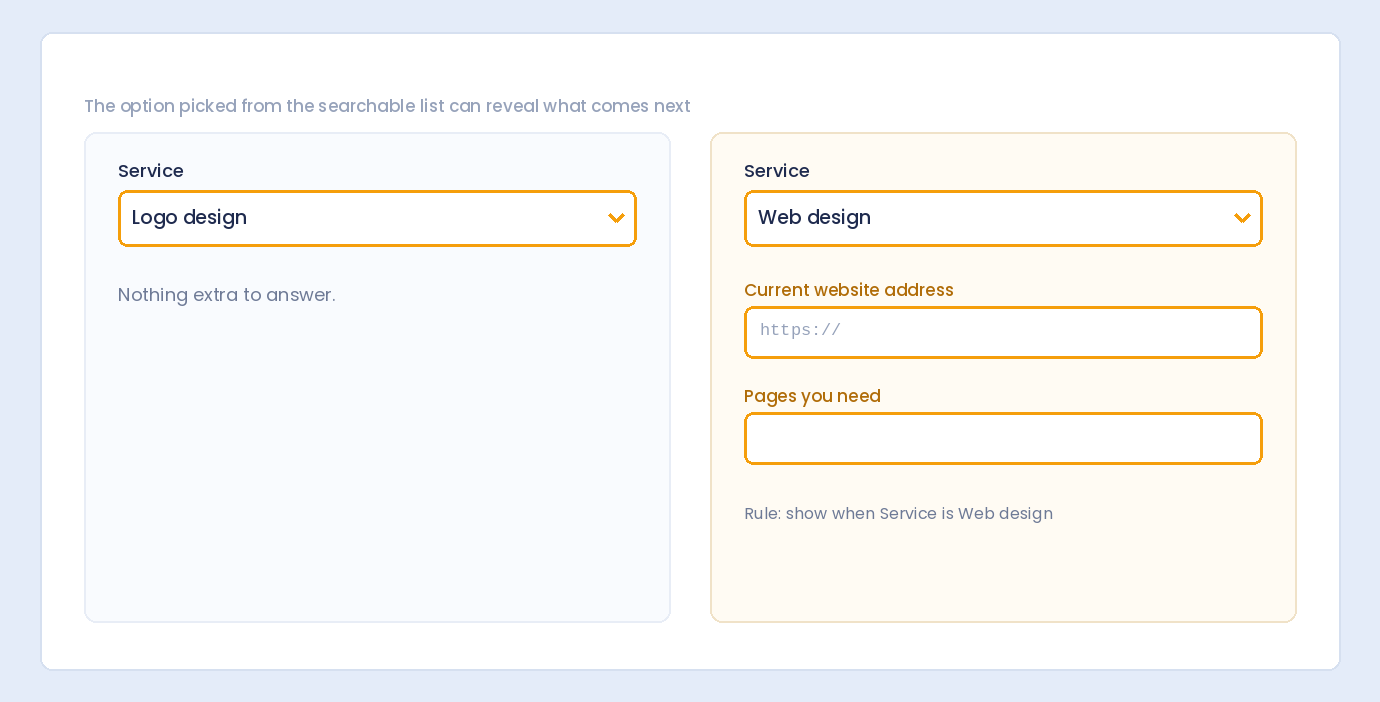 Choosing Web design in a dropdown reveals follow-up questions that Logo design does not
