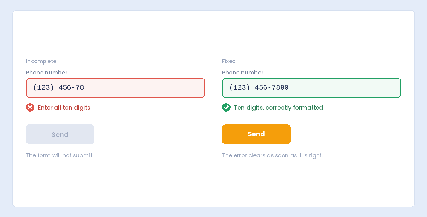 A WordPress phone field rejecting an incomplete number, then accepting (123) 456-7890 once all ten digits are entered